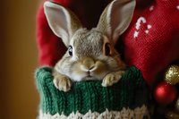 Adorable brown rabbit sitting in green knitted Christmas stocking with red Santa hat and golden ornament creating festive holiday scene for seasonal decorations.