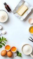 Fresh baking ingredients arranged on white background including flour, butter, eggs, vanilla extract and mint leaves for homemade cooking recipes.