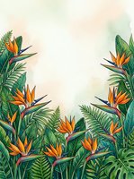 Watercolor tropical border with bird of paradise flowers and lush green palm leaves, copy space for text, poster, invitation, or greeting card.