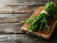 Fresh organic thyme bunch tied with twine on rustic wooden cutting board against dark wooden background, selective focus for culinary use.