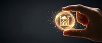 Hands holding glowing neon house icon with upward arrow, symbolizing real estate growth, property investment success, and housing market expansion on dark background.