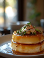 Gourmet creme caramel flan dessert topped with fresh microgreens and whipped cream, served on white plate with golden caramel sauce dripping down sides.