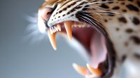 Close-up macro shot of leopard mouth showing sharp fangs, teeth and whiskers against blurred background. Dramatic wildlife photography highlighting predator features.