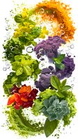 Fresh vegetables and herbs in water splash with bubbles, featuring purple cauliflower, lettuce leaves, mint, and colorful produce creating dynamic composition.