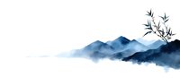 Minimalist watercolor mountain landscape in blue tones with bamboo branch silhouette, expressing tranquil Asian aesthetic and zen atmosphere.