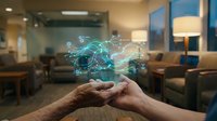 Businessman hands displaying holographic global network connections with digital data visualization in modern office environment for technology presentations.