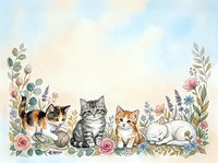 Adorable kittens sitting among colorful wildflowers and botanical elements on soft pastel background for greeting cards and nursery decor.