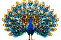 Majestic peacock displaying vibrant tail feathers in full fan pattern, featuring rich blue, gold and turquoise colors against white background, isolated for creative projects.