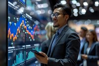 Asian businessman analyzing financial data on digital display screen in modern trading floor environment with colleagues in background.