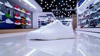 White minimalist sneaker on reflective surface in modern shoe store with colorful footwear display and starry ceiling lights creating upscale retail atmosphere.