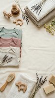 Natural baby clothing flat lay with wooden toys, lavender flowers and organic cotton onesies in neutral earth tones for sustainable parenting lifestyle.