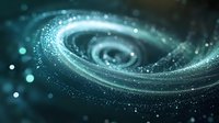 Swirling cosmic particles create mesmerizing spiral pattern against dark background with glowing turquoise bokeh lights and stardust effect for space designs.