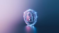 Glowing padlock icon surrounded by digital network rings in pink and blue gradient background, representing cybersecurity and data protection concept.