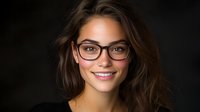 Young Hispanic woman with glasses and natural makeup smiling confidently against dark background, showcasing professional headshot style for business or personal branding.