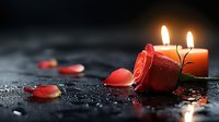 Red rose and glowing candles with water drops and scattered petals on dark wet surface, creating romantic atmosphere with warm candlelight reflections.