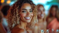 Young mixed race woman with curly blonde hair and bright smile enjoying party celebration with friends, holding champagne glass in festive atmosphere.