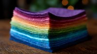 Vibrant rainbow-colored stack of folded felt fabric sheets showing layered texture and gradient spectrum from blue to purple on wooden surface with bokeh background.