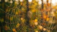 Spider web with morning dew drops glistening in golden sunlight creating bokeh background. Nature macro photography showcasing intricate web pattern and water droplets.