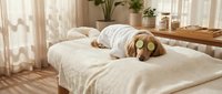 Relaxing spa massage table with towels and cucumber eye mask in serene wellness center interior with natural lighting and plants for beauty treatment.