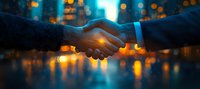 Business handshake silhouette against urban night cityscape with glowing bokeh lights, symbolizing partnership and successful deal making in corporate world.