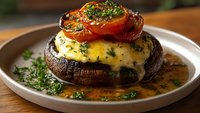 Large portobello mushroom cap filled with melted cheese, topped with roasted tomato and fresh herbs in garlic butter sauce on ceramic plate, close up food photography.