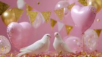 Pair of white doves surrounded by pink heart balloons and gold decorations on pink background, symbolizing love and celebration.