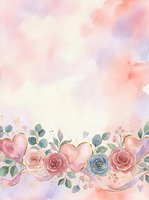 Watercolor floral border with pink roses, heart shapes, and eucalyptus leaves on soft pastel background. Isolated design element for invitations, greeting cards, and wedding stationery projects.