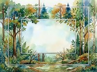 Watercolor forest frame with autumn trees, ferns and evergreens creating natural border for text or design elements on white background.