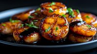 Pan seared scallops with caramelized glaze and fresh herbs on dark plate, close up view showing golden brown crust and glossy sauce garnished with parsley.
