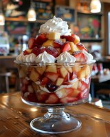 Fresh strawberries and peaches layered with whipped cream in glass trifle bowl, garnished with fruit pieces and cream swirls, served at restaurant counter.