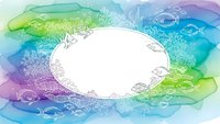 Watercolor ocean frame with marine life and fish illustrations surrounding white copy space for text and design projects.