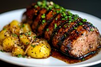 Grilled pork tenderloin with caramelized glaze, garnished with fresh herbs, served alongside golden roasted potatoes in savory sauce on white plate.