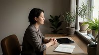 Young Asian woman sitting at desk with open book, hands clasped, gazing thoughtfully out window with green plants nearby.