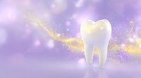 White molar tooth with magical golden sparkles and glowing particles on soft purple background, dental care concept for orthodontics and oral health.