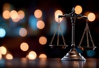 Scales of justice on dark background with glowing bokeh lights creating dramatic legal atmosphere. Symbol of law, judgment and balance in modern setting.