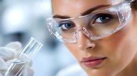 Young female scientist in protective eyewear holding test tube in laboratory setting, demonstrating research and scientific experimentation in modern facility.