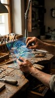 Senior craftsman hands holding futuristic holographic interface in traditional woodworking workshop blending old craftsmanship with modern technology innovation.