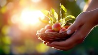 Hand holding small basket with fresh apples at sunset, golden bokeh background creates warm harvest atmosphere.