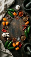 Colorful hot peppers, garlic, star anise, and spices arranged in a circle on a rustic dark wooden table with mortar and pestle.