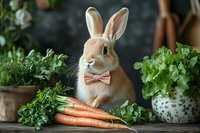 Adorable brown rabbit wearing bow tie sits among fresh carrots and potted herbs on rustic wooden table, creating charming garden-inspired composition.