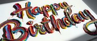 Happy Birthday text in vibrant multicolored stripes with 3D effect on white background, isolated and ready for greeting cards, invitations, posters, and digital design projects.