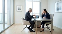 Mature businessman and young businesswoman in formal attire discussing work on laptop at desk in modern office with large windows and natural light.