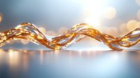 Glowing copper wire twisted in elegant waves against blurred bokeh background creates modern minimalist composition with warm golden light reflections.