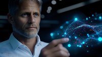 Mature businessman interacting with glowing blue digital network visualization, futuristic technology concept showing innovation and artificial intelligence.