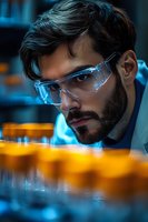Young male scientist in protective eyewear examining laboratory samples with intense focus, illuminated by dramatic blue and orange lighting in research facility.