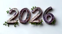 Decorative numbers 2026 with ornate floral pattern in purple and white tones, adorned with small green leaves. Elegant quilling paper art style on light background.