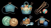 Knitting and crochet clipart set isolated on transparent background, featuring yarn balls, needles, tote bag, basket, scissors, and knitted fabric for t-shirt and sticker design.