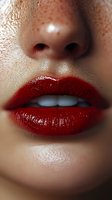 Close-up macro shot of glossy red lips and nose with freckles on light skin, showing white teeth. Professional beauty and cosmetics photography for makeup advertising.