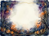 Halloween watercolor frame with pumpkins, bare trees and spooky atmosphere on white background for seasonal design projects and autumn decorations.