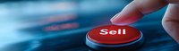 Red sell button with finger about to press on dark blue digital interface background, panoramic business concept showing online trading and financial decisions.